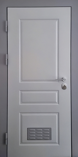 Металлическая дверь с вентиляцией, серыми панелями МДФ (для котельной)